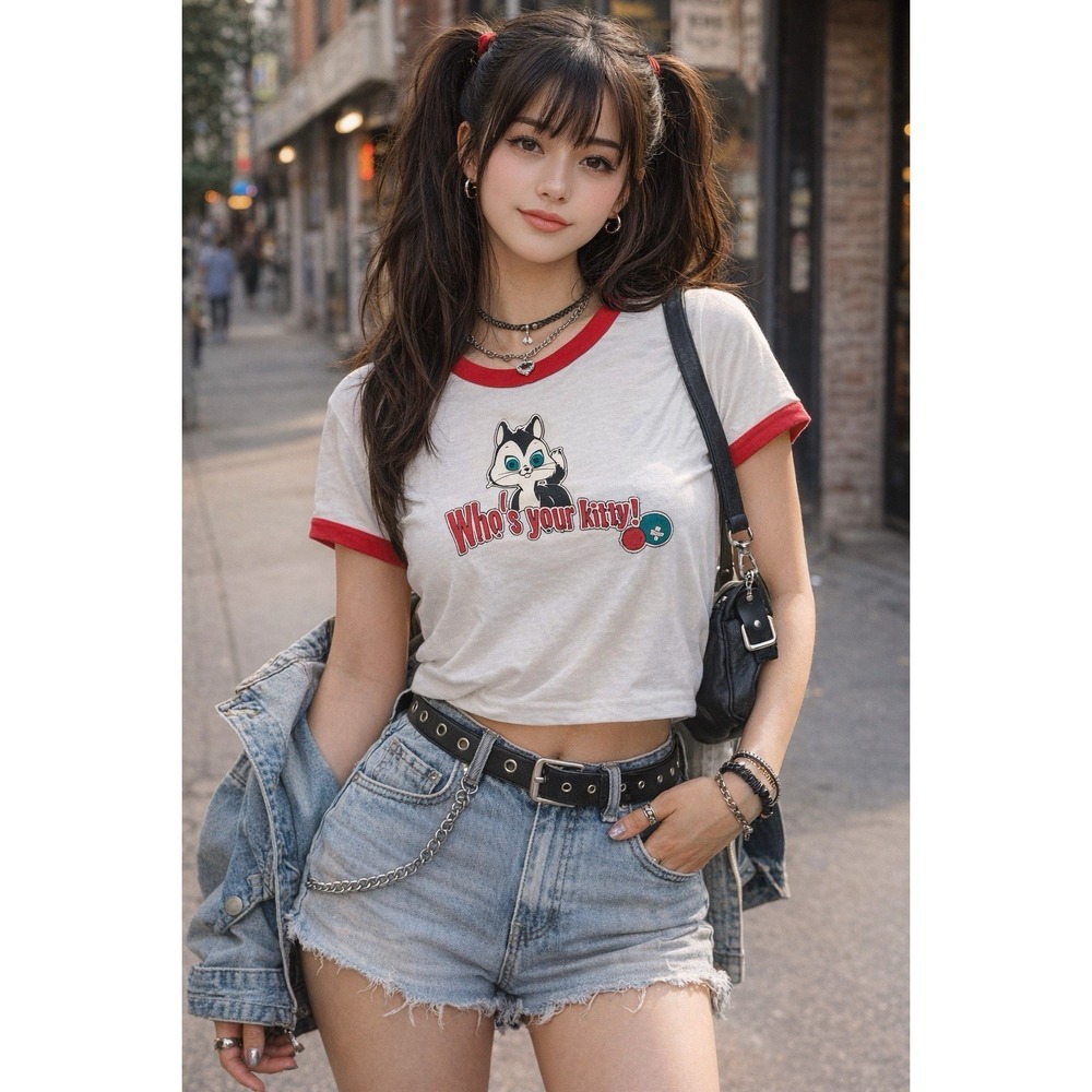 Vintage 90's Pussyfoot Looney Tunes Ringer Tee Women's  Size Large Gothcore